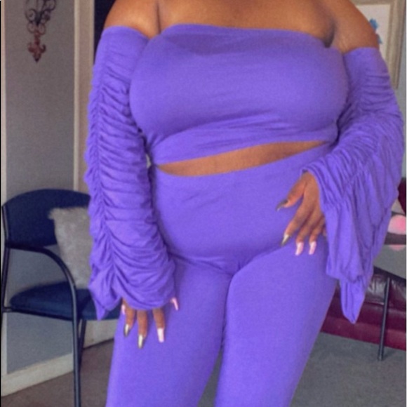 Elle Purple Off Shoulder Ruched Sleeve & Pant Set 💜 - Picture 3 of 5